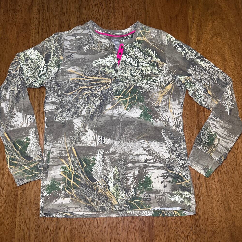 Realtree Womens XL 16-18 Camo Henley Long Sleeve Shirt Pink Trim Hunting
